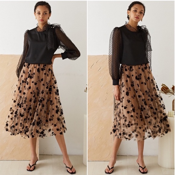 New Floral Print Mesh Lined Overlay Camel Caramel Tan Skirt Midi Maxi Black NWT - Picture 8 of 16